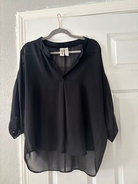 bebe Black Sheer Split-Neck Blouse